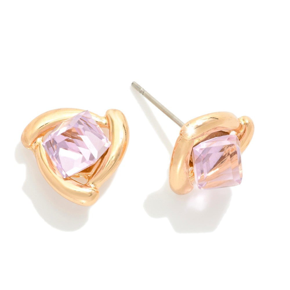 Metal Tone Triangle Stud Earrings Featuring Glass Crystal Square Detail - Pink