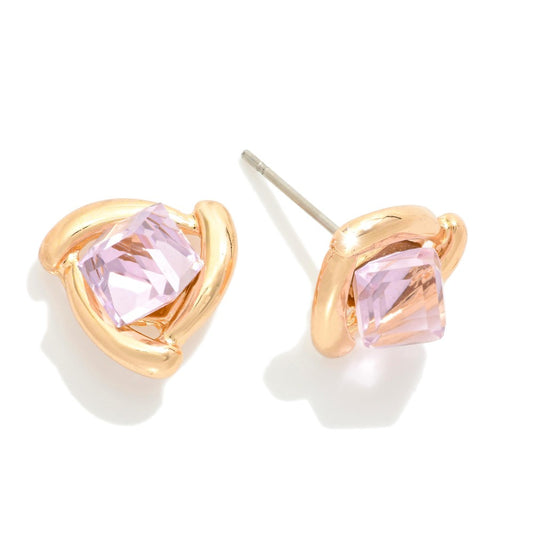 Metal Tone Triangle Stud Earrings Featuring Glass Crystal Square Detail - Pink