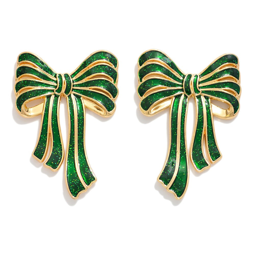 Metal Tone Glitter Acetate Bow Post Drop Earrings - Green