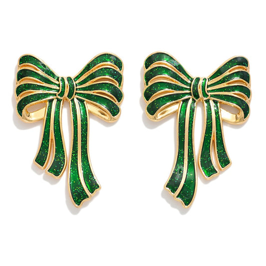 Metal Tone Glitter Acetate Bow Post Drop Earrings - Green