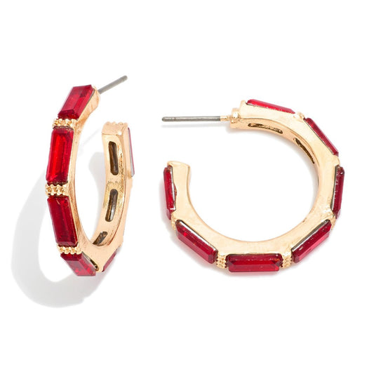 Hoop Drop Earring Featuring Glass Crystals - Red