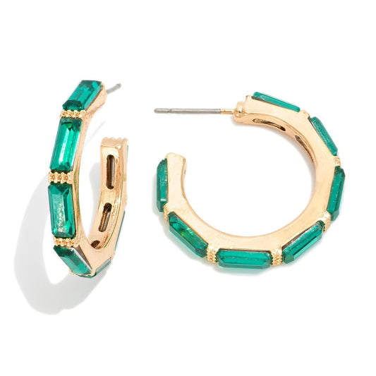 Hoop Drop Earring Featuring Glass Crystals - Emerald