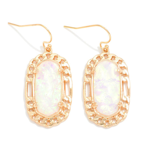 Pearlescent Stone Drop Earrings Featuring Metal Tone Border - White