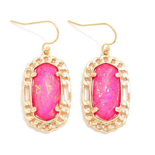 Pearlescent Stone Drop Earrings Featuring Metal Tone Border - Fuchsia