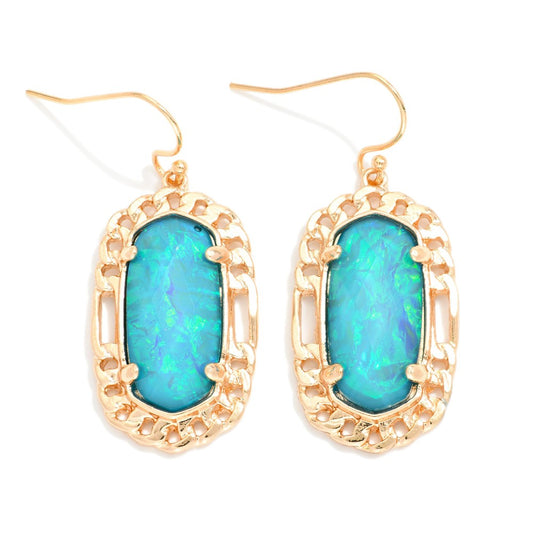 Pearlescent Stone Drop Earrings Featuring Metal Tone Border - Teal