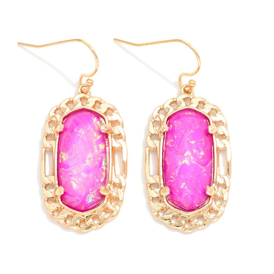Pearlescent Stone Drop Earrings Featuring Metal Tone Border - Purple