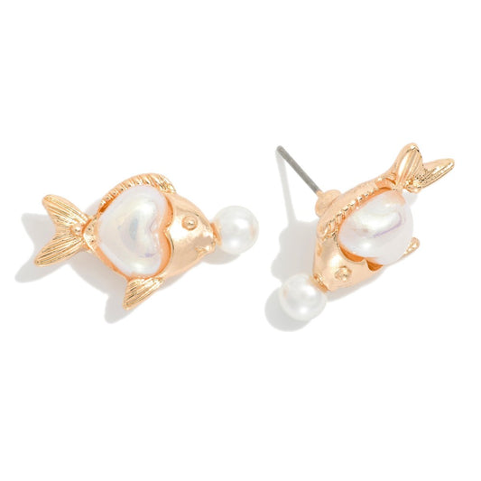 Pearlescent & Metal Fish Stud Earrings