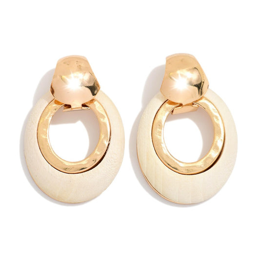 Oval Wood Hoop Drop Earrings Featuring Metal Tone - White