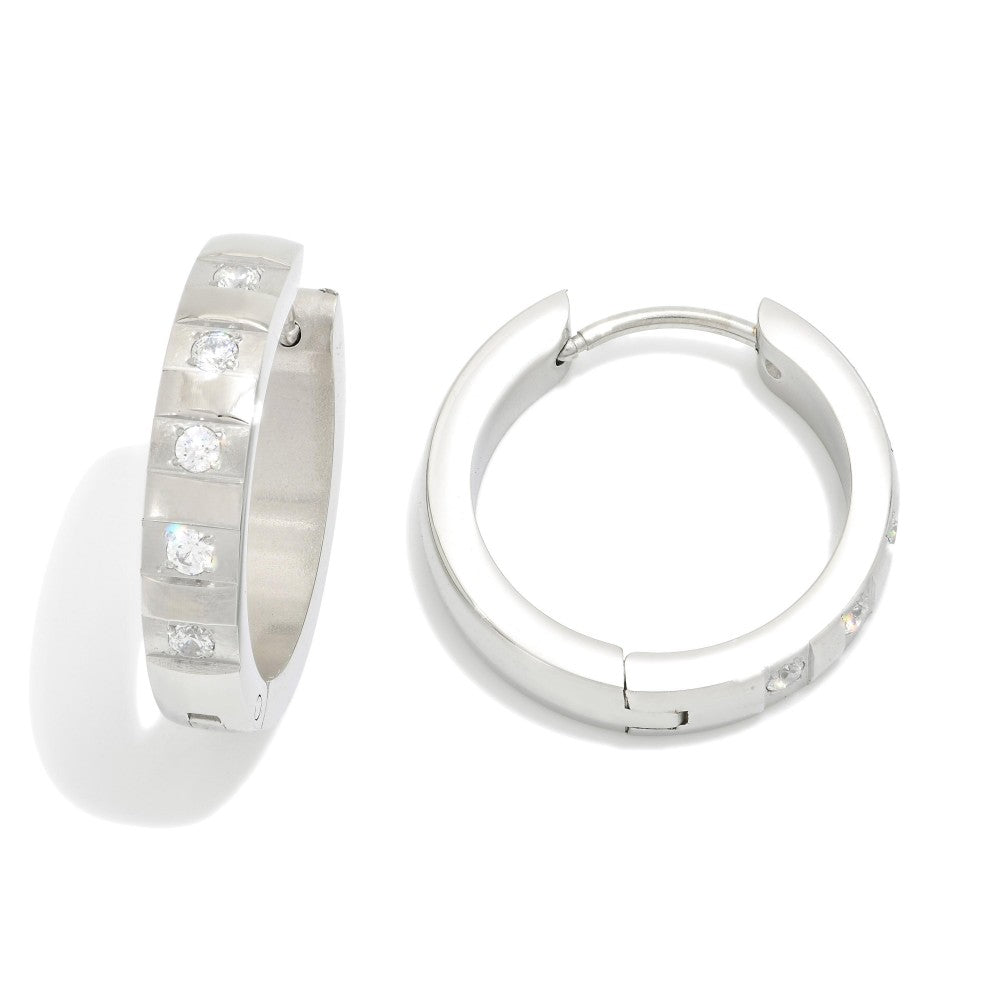 Metal Tone Hoop Earrings Featuring Rhinestones Details- Silver