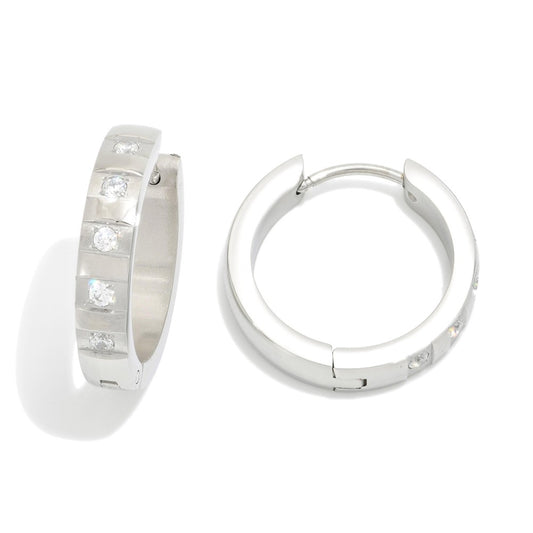 Metal Tone Hoop Earrings Featuring Rhinestones Details- Silver
