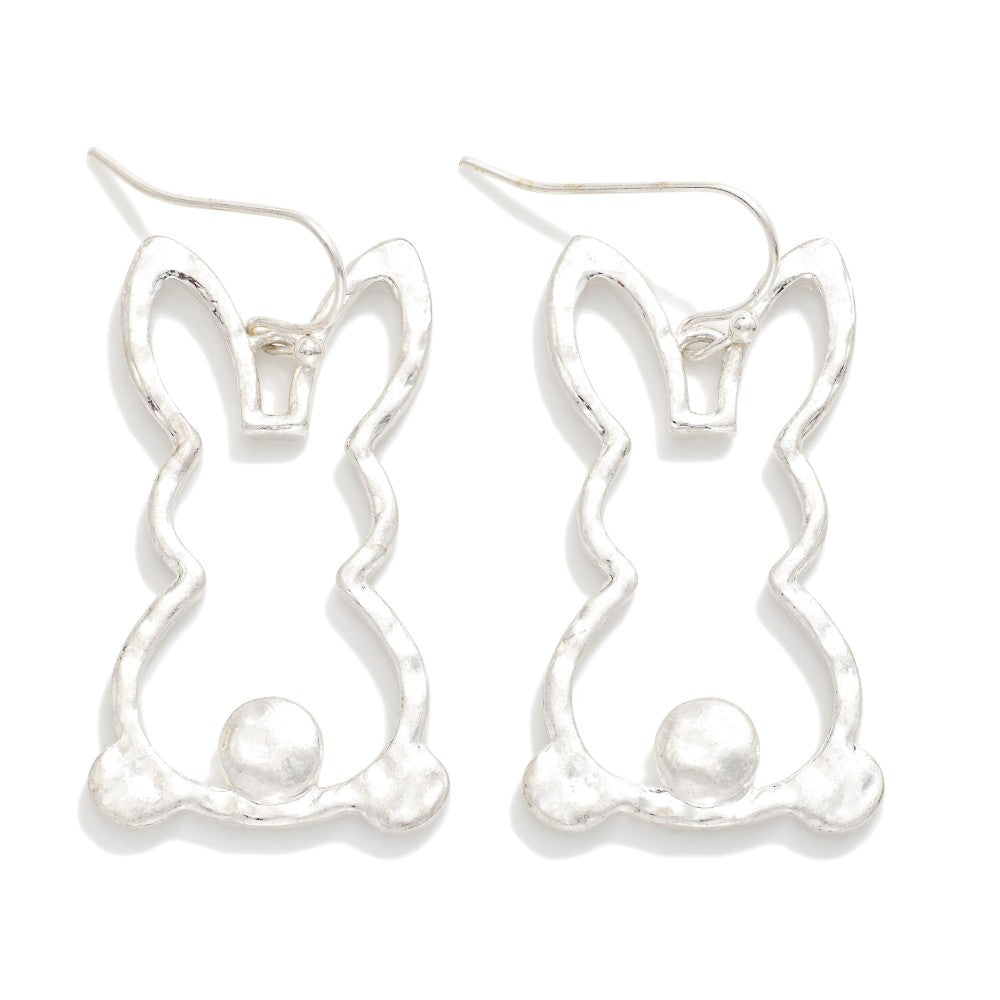 Hammered Metal Hollow Easter Bunny Post Drop Earrings - Silver