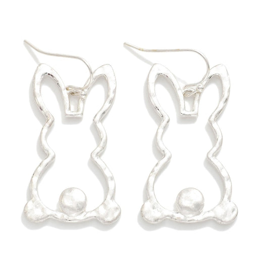 Hammered Metal Hollow Easter Bunny Post Drop Earrings - Silver