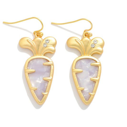 Marble Aceteat Carrot Drop Earrings Featuring Rhinstone Detail - White