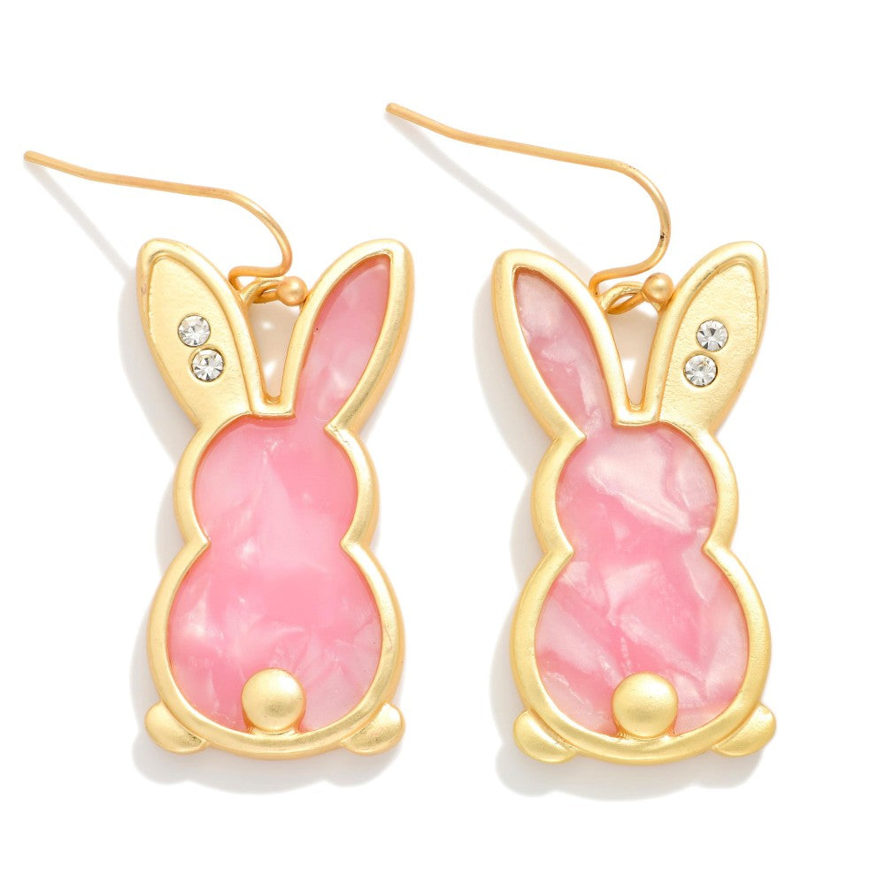 Marble Acetate Easter Bunny Drop Earring Featuring Rhinestone Detail - Pink