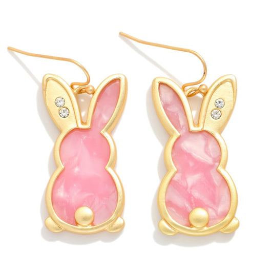 Marble Acetate Easter Bunny Drop Earring Featuring Rhinestone Detail - Pink