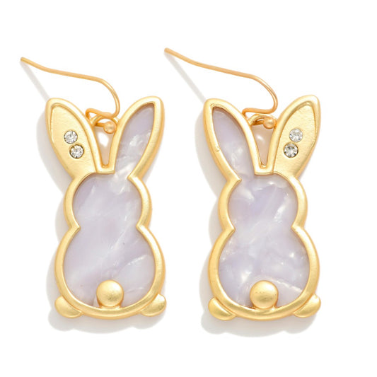 Marble Acetate Easter Bunny Drop Earring Featuring Rhinstone Detail - White