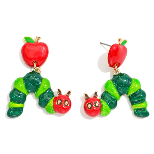 Enamel Apple & Glitter Caterpillar Post Drop Earrings