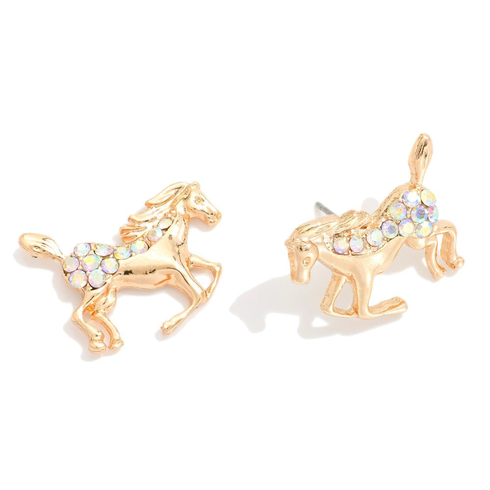 Metal Tone Horse & Rhinestone Post Drop Earrings - Gold
