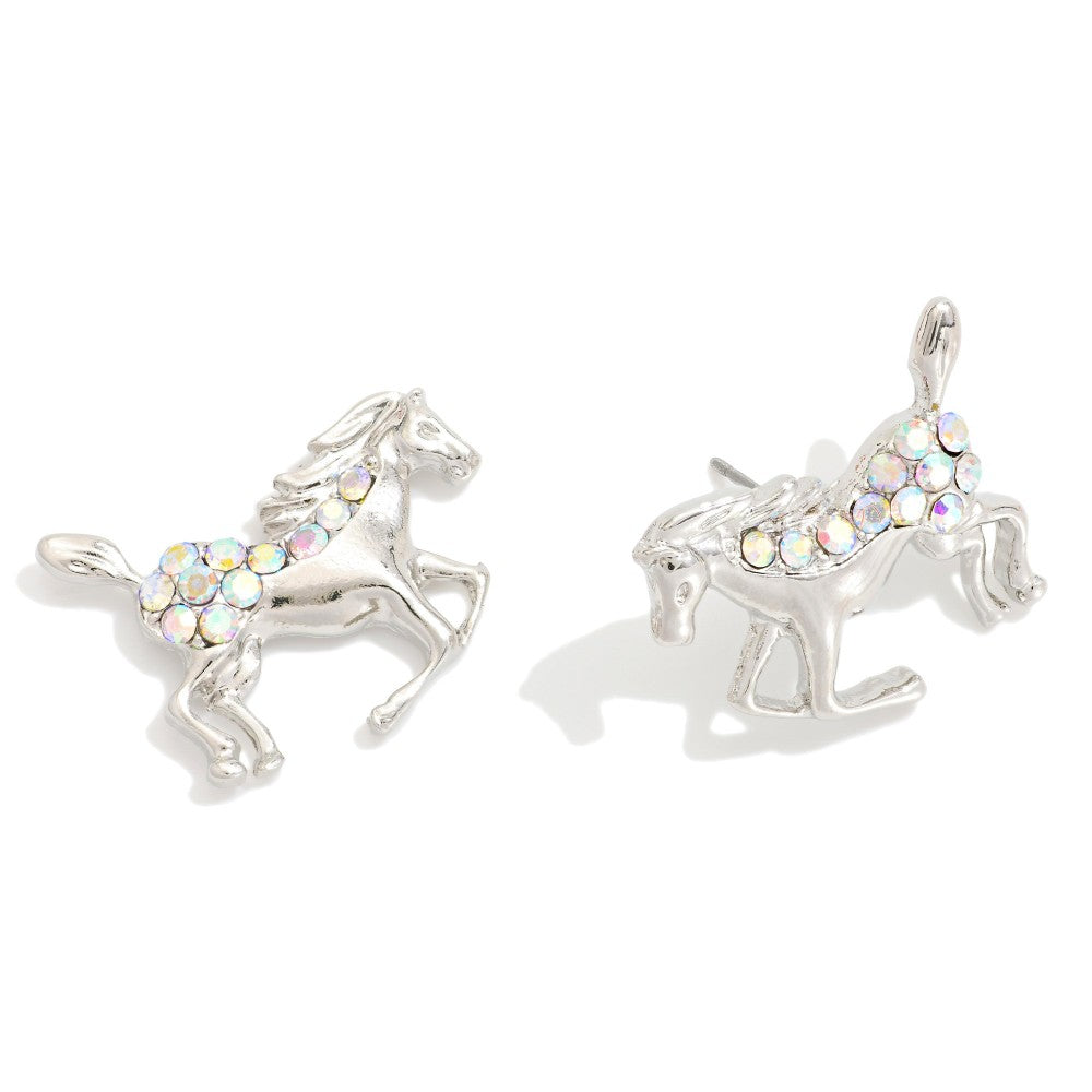 Metal Tone Horse & Rhinestone Post Drop Earrings - Silver