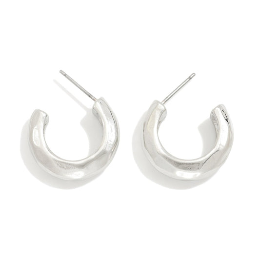 Hammered Metal Hoop Earrings - Silver