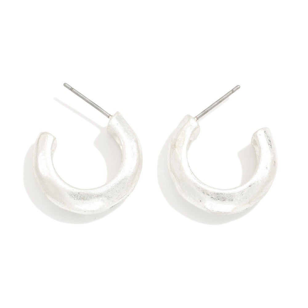 Hammered Metal Hoop Earrings - Worn Silver