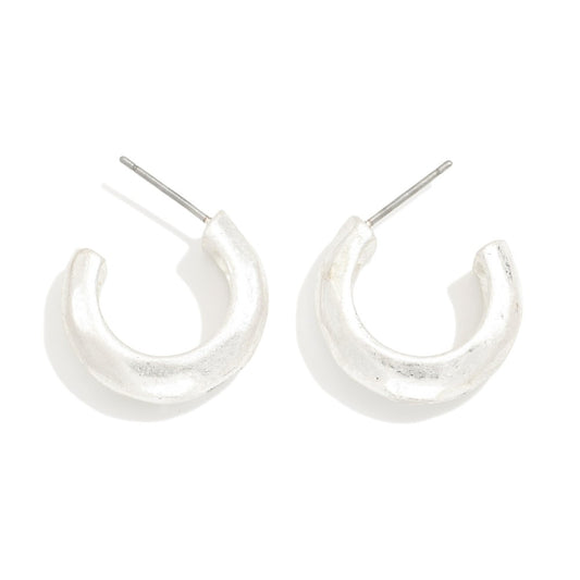 Hammered Metal Hoop Earrings - Worn Silver