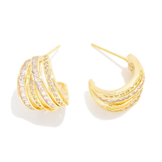Layered Metal & Rhinestone Hoop Earrings - Gold