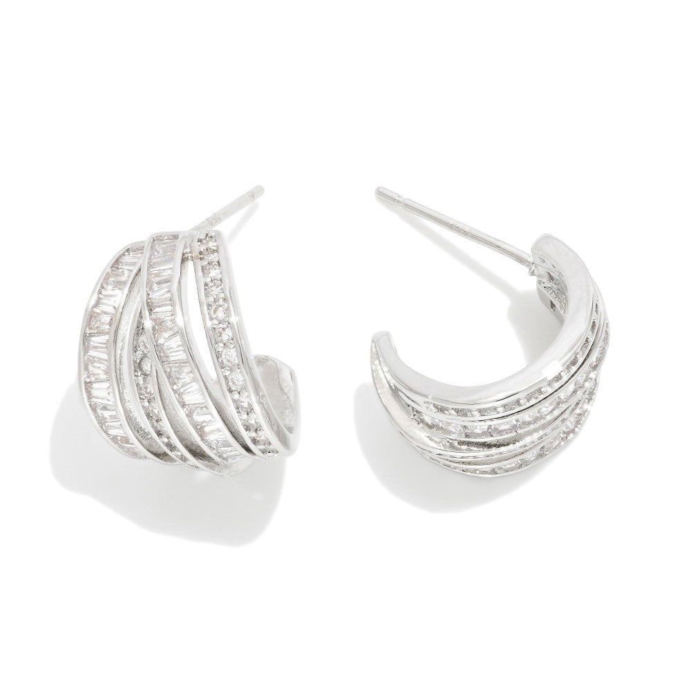 Layered Metal & Rhinestone Hoop Earrings - Silver