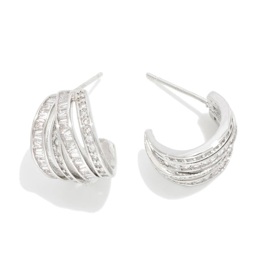 Layered Metal & Rhinestone Hoop Earrings - Silver