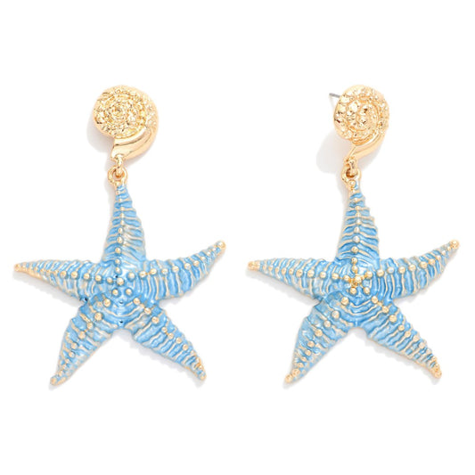 Painted Metal Starfish & Shell Post Drop Earrings - Blue