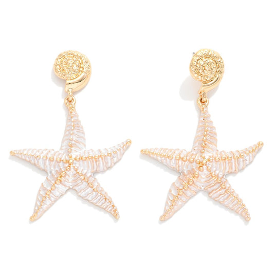 Painted Metal Starfish & Shell Post Drop Earrings - White