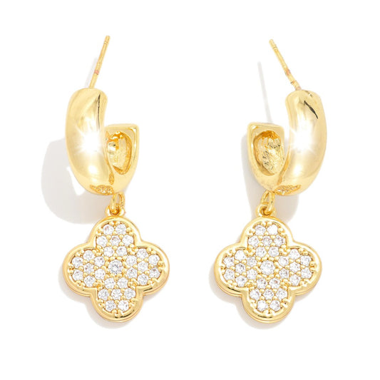 Metal Tone Hoop Earrings Featuring Cubic Zirconia Clover Dangle