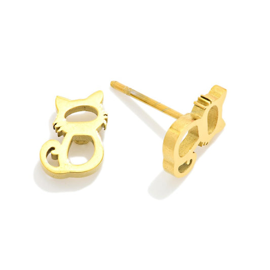Metal Tone Cat Stud Earrings