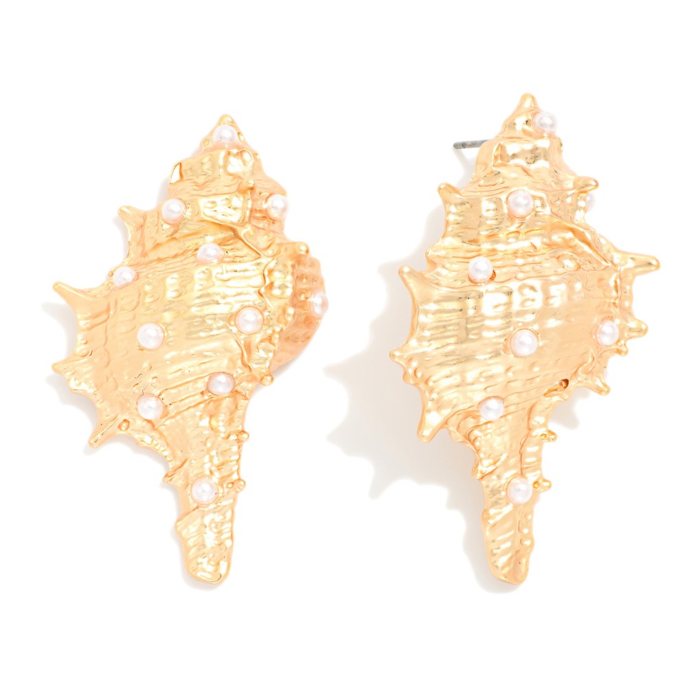 Large Metal Tone & Pearl Murex Drop Earrings