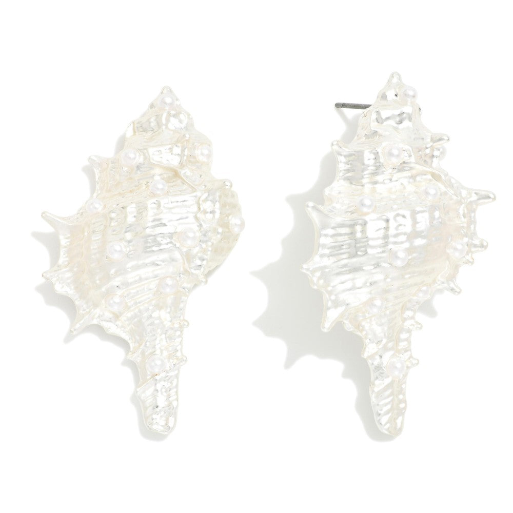 Large Metal Tone & Pearl Murex Drop Earrings- Silver