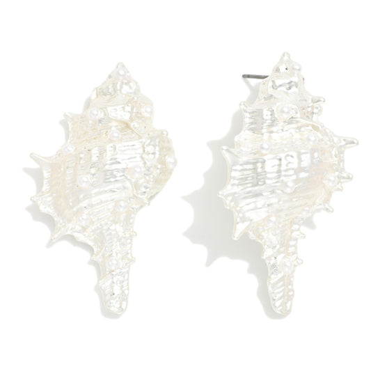 Large Metal Tone & Pearl Murex Drop Earrings- Silver