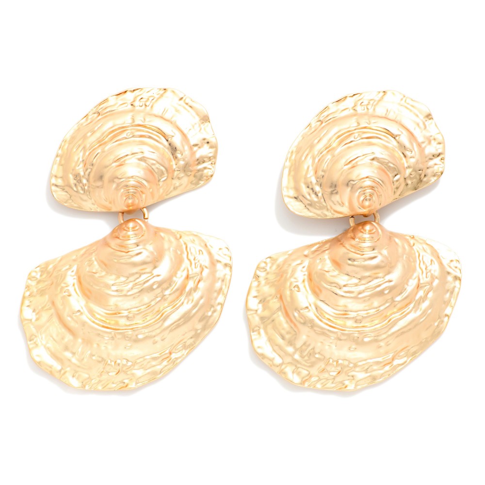 Linked Textured Metal Oyster Shell Post Drop Earrings - Gold
