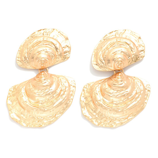 Linked Textured Metal Oyster Shell Post Drop Earrings - Gold
