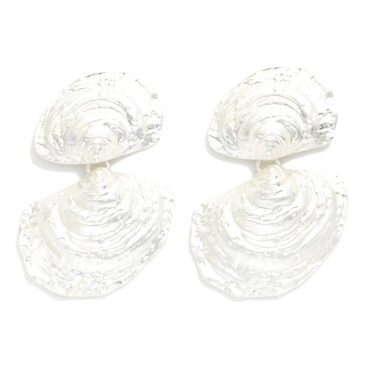 Linked Textured Metal Oyster Shell Post Drop Earrings - Silver
