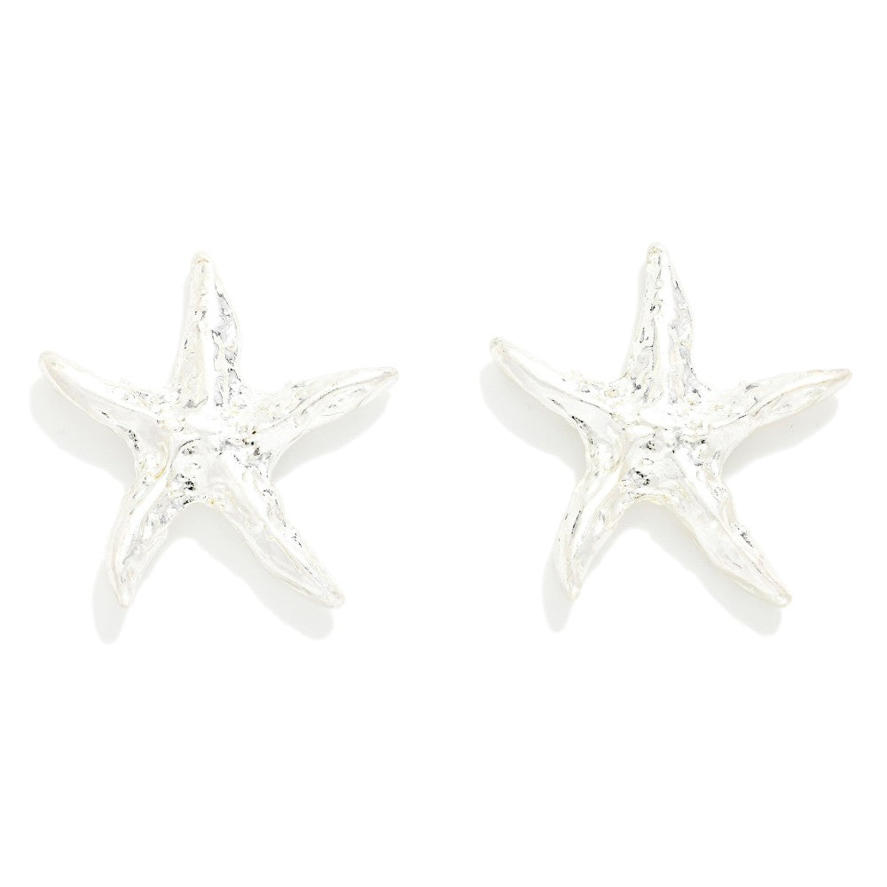 Textured Metal Starfish Post Drop Earrings - Silver