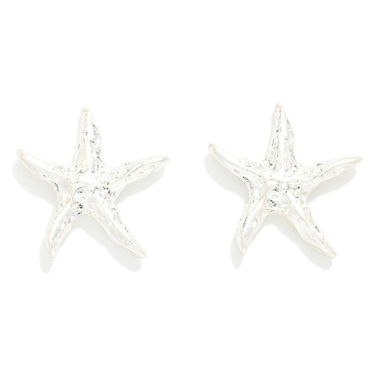 Textured Metal Starfish Post Drop Earrings - Silver