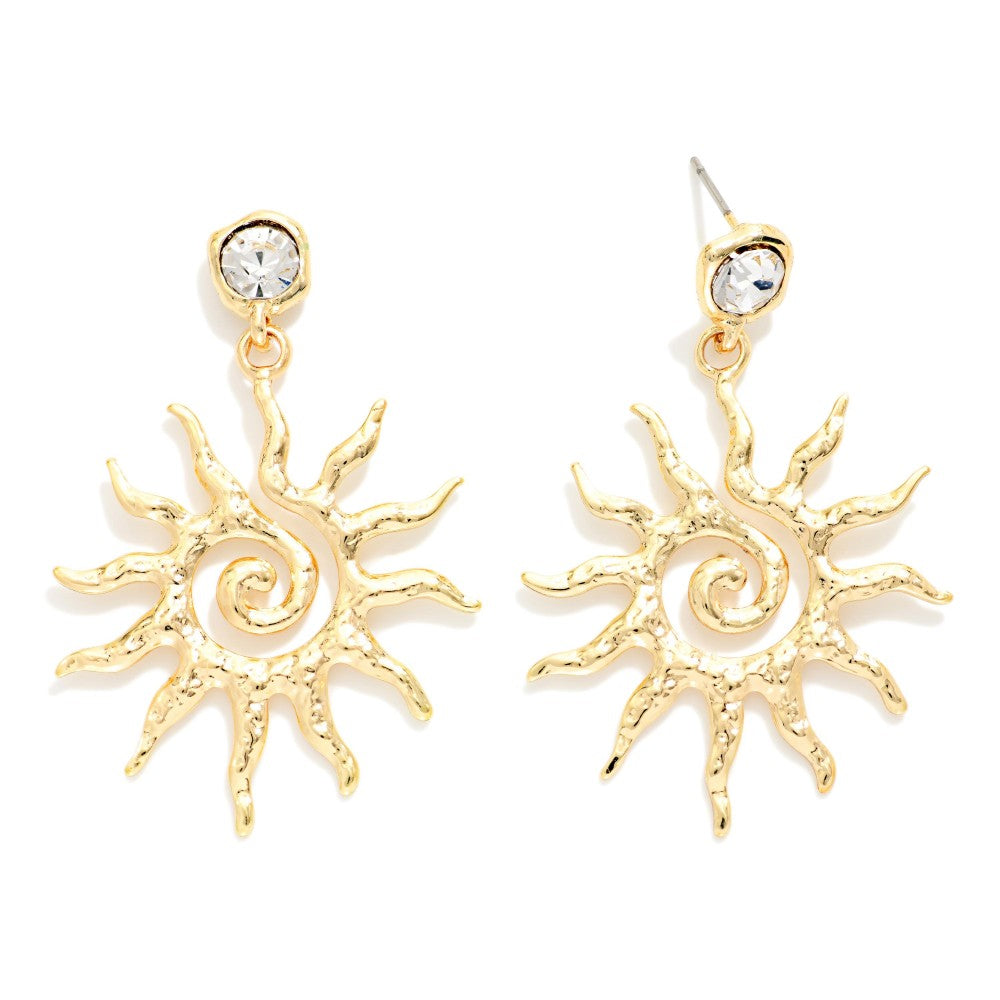 Chain Link Rhinestone Featuring Hammered Metal Sun Drop Earring