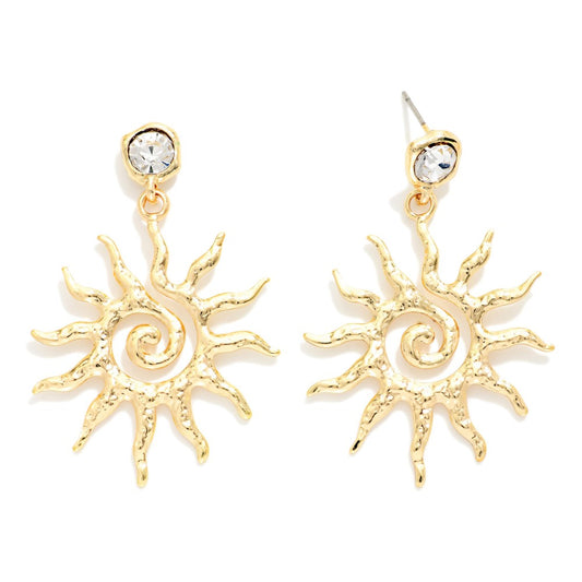 Chain Link Rhinestone Featuring Hammered Metal Sun Drop Earring