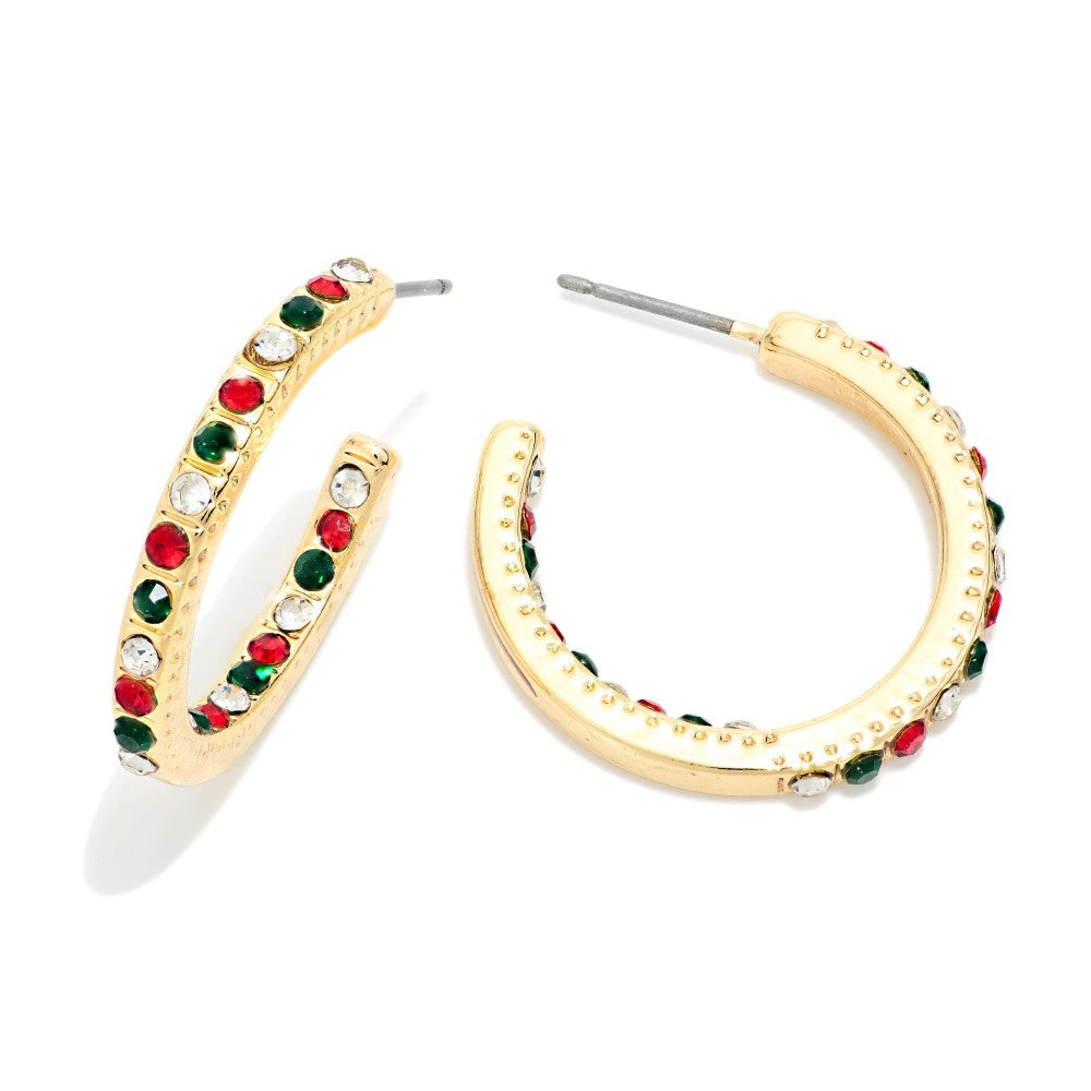 Gold Christmas Rhinestone Hoop Earrings Red Green Holiday Jewelry