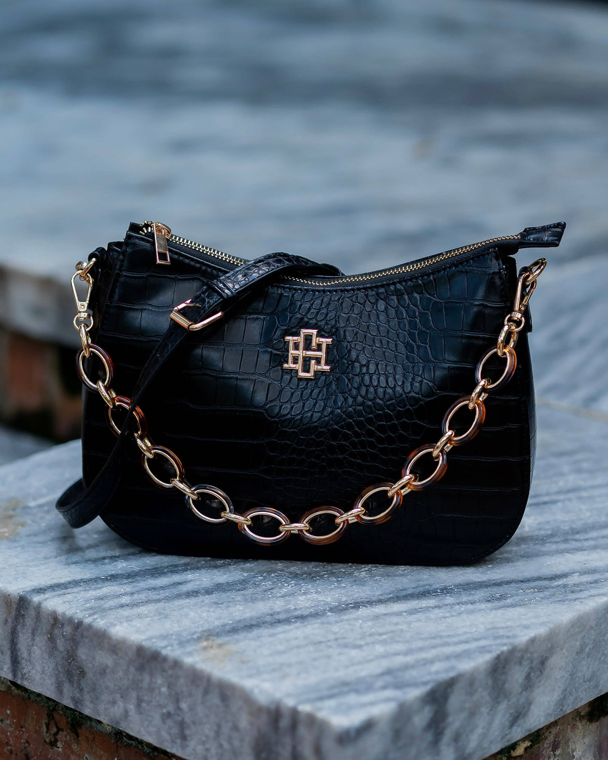 Caroline Hill Charlee Black Croc Embossed Crossbody Bag