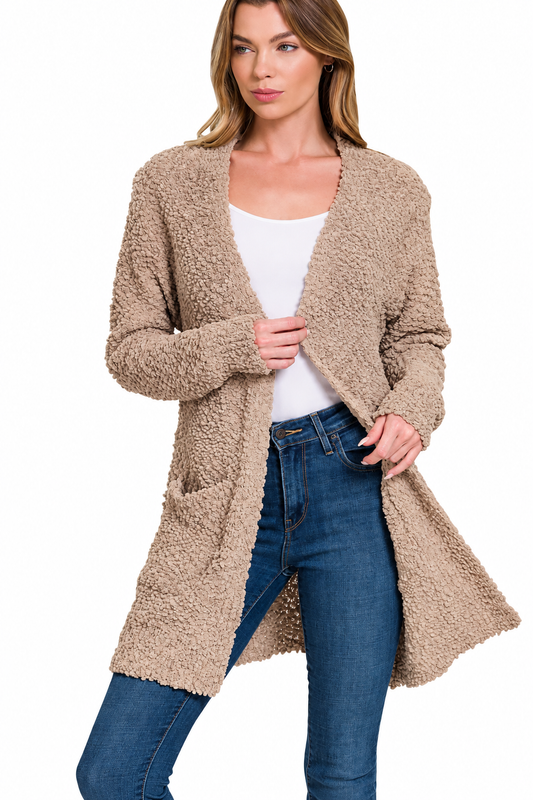 Zenana Women's Popcorn Knit Cardigan Sweater Open Front Pockets Ash Mocha