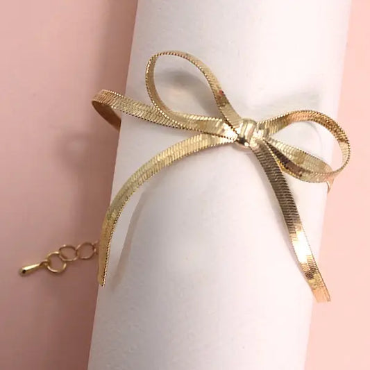 Herringbone Snake Chain Bow Bracelet - Gold