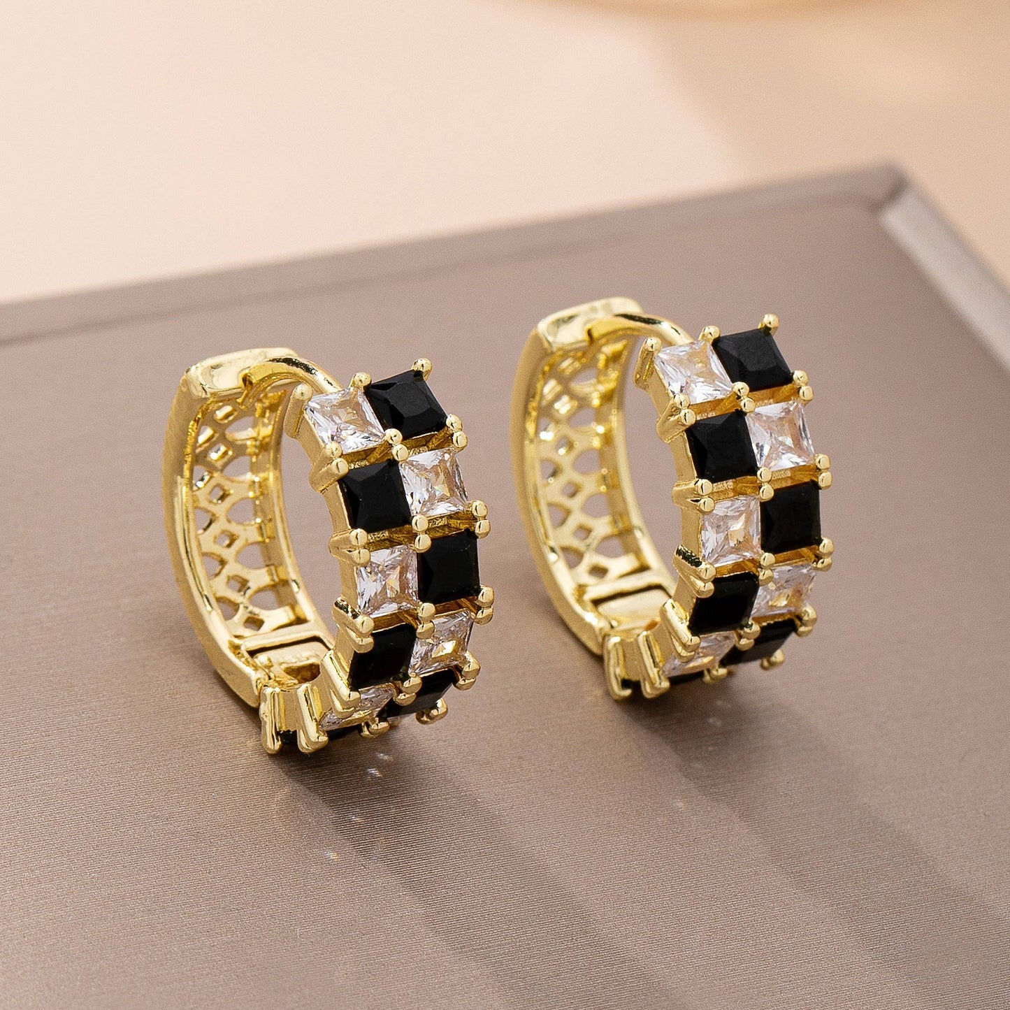 Checker Black & Crystal Baguette Hoop Earrings |GOLD