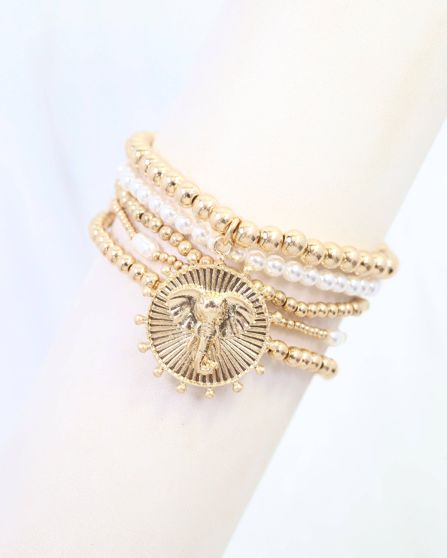 Caroline Hill Carmen Coin Beaded Bracelet Set Worn Gold Elephant