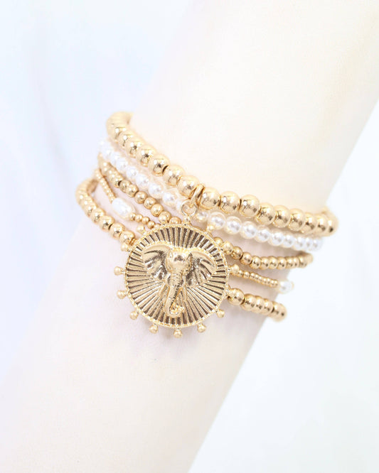 Caroline Hill Carmen Coin Beaded Bracelet Set Worn Gold Elephant